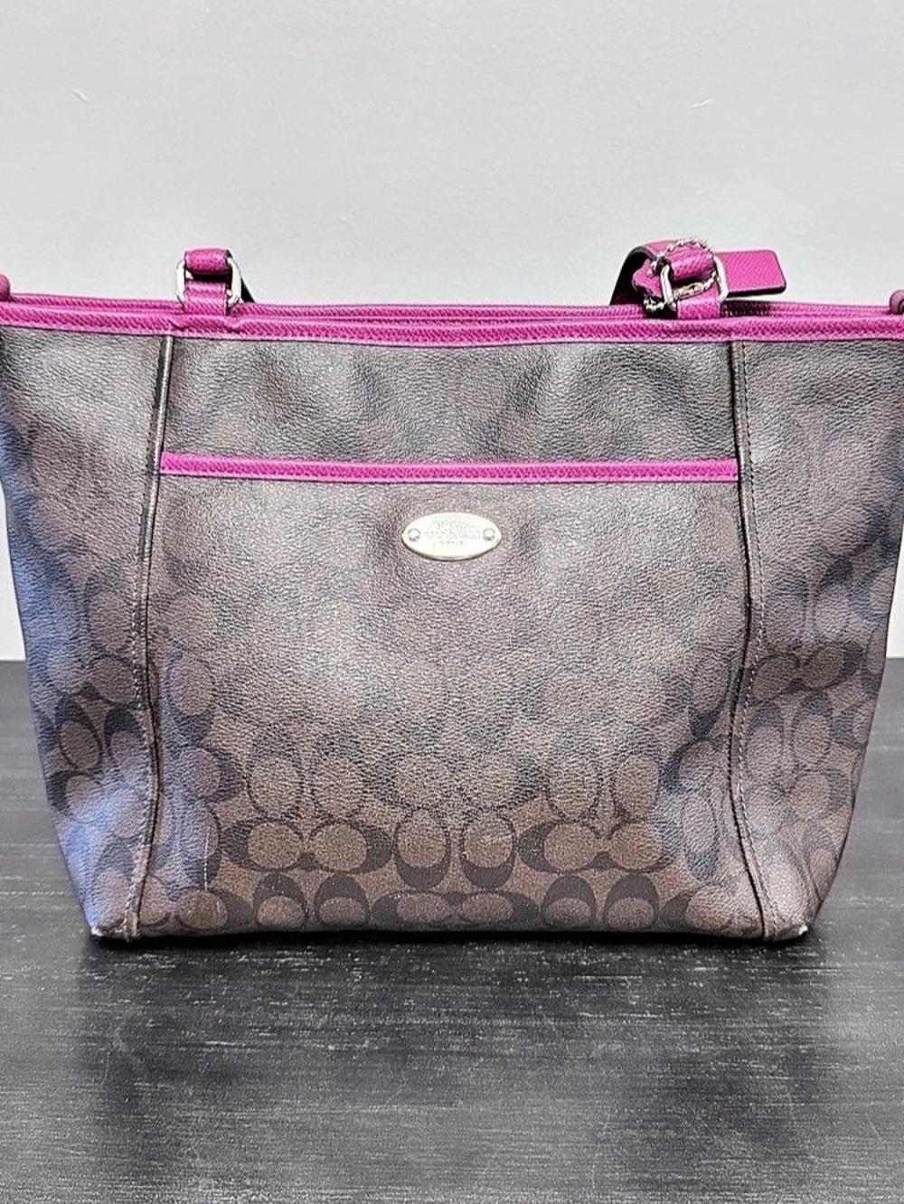 Coach Peyton F33998 Signature C Pocket Tote Brown Pink Shoulder Bag Logo Y2K